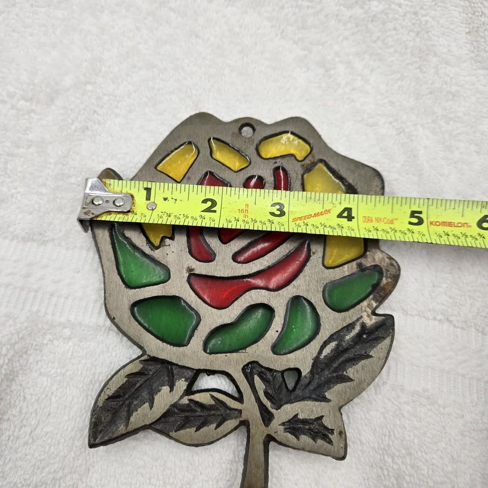 Vintage ROSE TRIVET Metal Stained Glass Look Wall Hanger Decor w/Feet Red Yellow